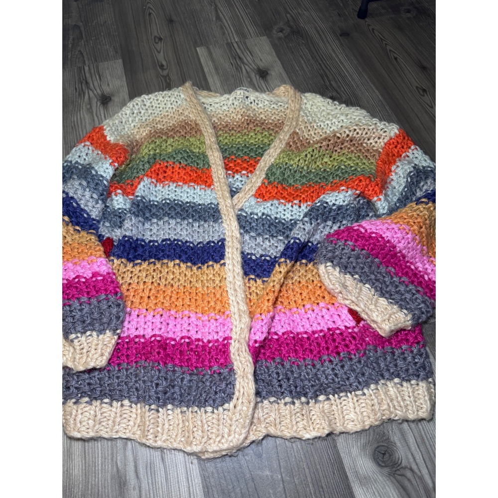 Listicle Womens Rainbow Striped Chunky Knit Open Front Cardigan Sweater Small